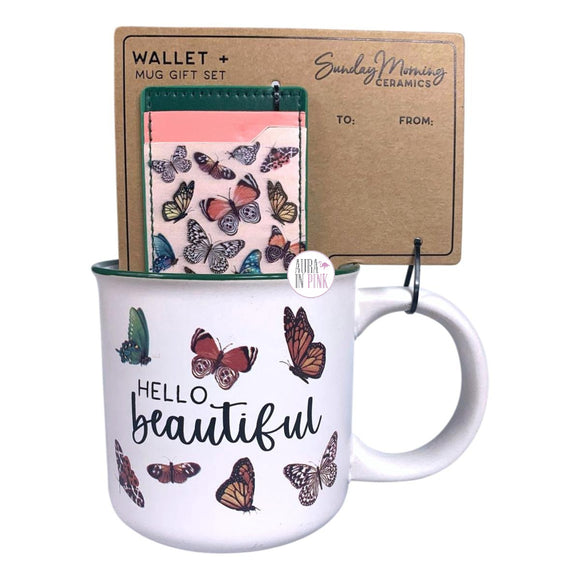 Sunday Morning Ceramics Geschenkset „Hello Beautiful Butterflies“ – große Keramik-Kaffeetasse und Geldbörse