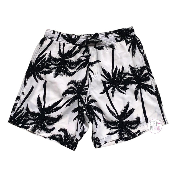 Surf Society Black Palm Trees White Drawstring Waist Lined Men's Swim Trunks Shorts