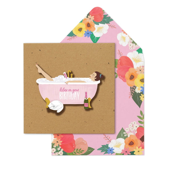 Tache Relax On Your Birthday Bathtub Babe Handmade 3D Birthday Card - Aura In Pink Inc.