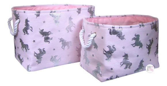 Taylor Madison Designs Silver Unicorns Pink Storage Bins w/Rope Handles - Aura In Pink Inc.