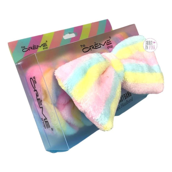 The Crème Shop Cotton Candy Pastel Rainbow Striped Plush Bow Teddy HeadyBand Head Band