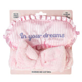 The Vintage Cosmetic Company In Your Dreams Pink Satin Ruffled Sleep/Travel Mask & Plush Bow Headband Set - Aura In Pink Inc.