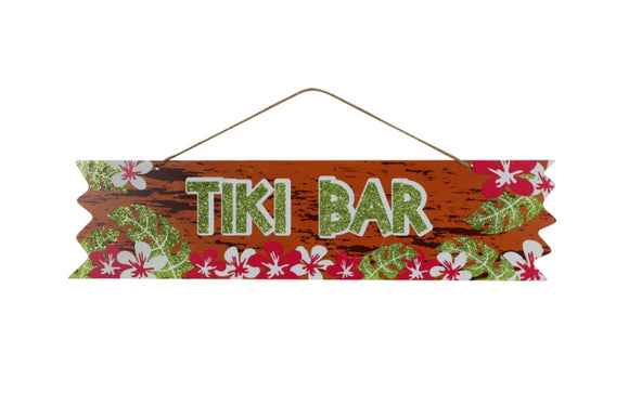 Tiki Bar Wooden Sign Tropical Hanging Glitter Accent Wall Art - Aura In Pink Inc.