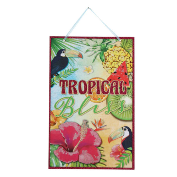 Tropical Bliss Toucan Hibiscus Fruit Hanging Glitter Accent Wall Art - Aura In Pink Inc.