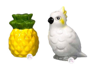 Tropical Paradise Ceramic Salt & Pepper Shaker Sets - Cockatoo Pineapple & Pink Flamingo Island Palm Tree - Aura In Pink Inc.