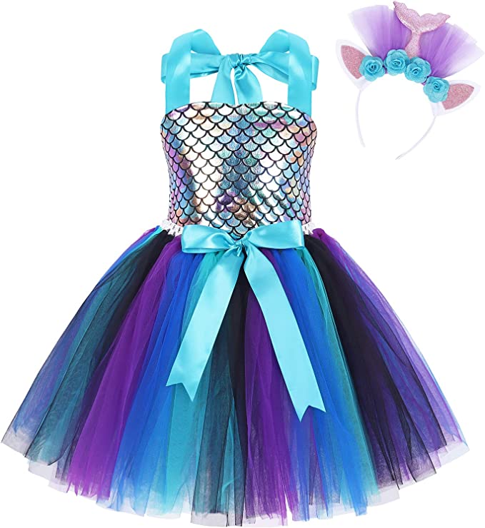 mermaid birthday dress Tutu Dreams Mermaid Metallic Scales Aqua Purple Blue Black Tulle Tutu Dress w/Matching Tiara 10-12Y Extra Large
