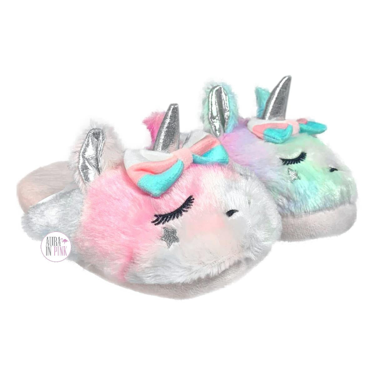 UnderOneSky Pastel Rainbow Faux Fur Plush Unicorn Slippers - Assorted Aura Pink