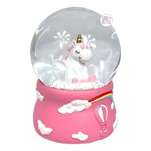 Unicorn Pegasus Sitting On Cloud Glass Musical Snow Globe w/Rainbow Clouds Hot Air Balloon Pink Base - It's A Small World After All - Aura In Pink Inc.