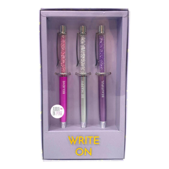Votum Believe Be Happy Beautiful Inspirational Crystal Bling Write On 3-Piece Ballpoint Pen Set