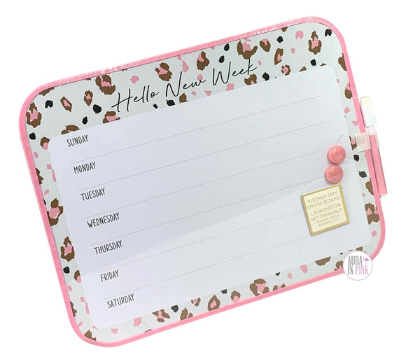 Votum Hello New Week Pink Leopard Print Magnetic Weekly Dry Erase Board w/Eraser Top Marker & Magnets - Aura In Pink Inc.