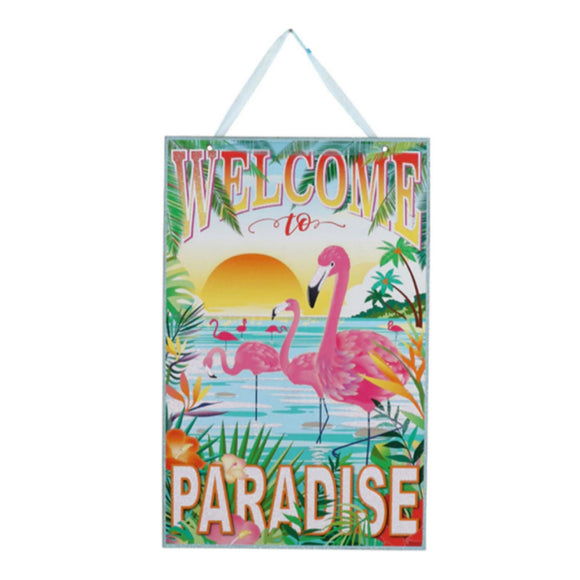 Welcome To Paradise Pink Flamingos Beach Sunset Hanging Glitter Accent Wall Art - Aura In Pink Inc.