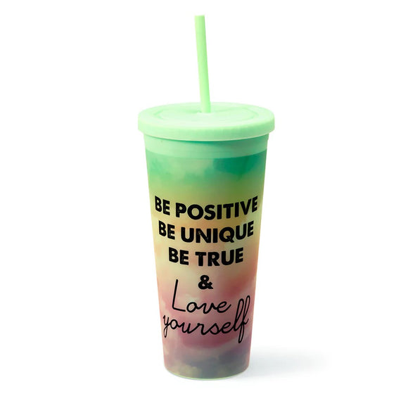 West & Fifth Be Positive Be Unique Be True Love Yourself Ombre Rainbow Clouds Double Wall Matte Rubber Coated Tumbler w/Straw