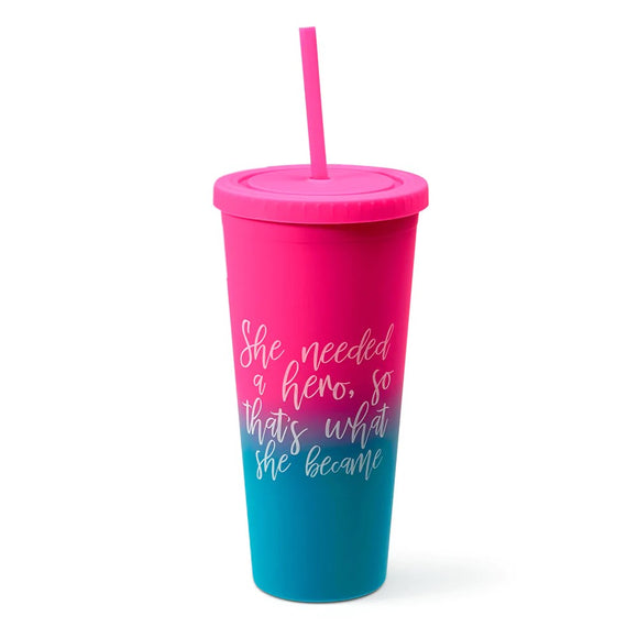 West & Fifth She Needed A Hero Pink Blue Ombre Double Wall Matte Rubber Coated Tumbler w/Straw