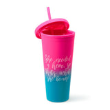 West & Fifth She Needed A Hero Pink Blue Ombre Double Wall Matte Rubber Coated Tumbler w/Straw