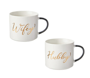 Wifey & Hubby Gold Scripted White & Black New Bone China Coffee Mug Set