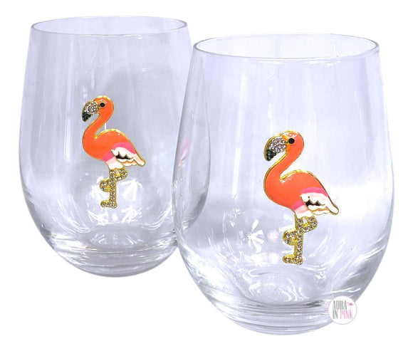 Wild Eye Designs Pink Flamingo Bling Stemless Wine Glasses - Boxed Set of 2 - Aura In Pink Inc.