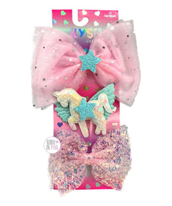 iLysm Haarspange mit Einhorn-Pailletten und rosa Netz-Pailletten, glitzernden Sternschleifen, 3-teiliges Set