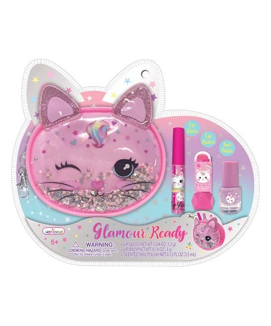 Hot Focus Glamour Ready Kitty Confetti Cosmetic Keychain Bag w/Lip Balm, Lip Gloss, & Nail Polish Set - Aura In Pink Inc.